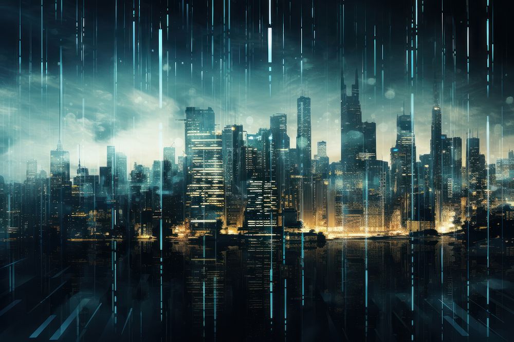 Night digital city architecture metropolis skyscraper. AI generated Image by rawpixel.
