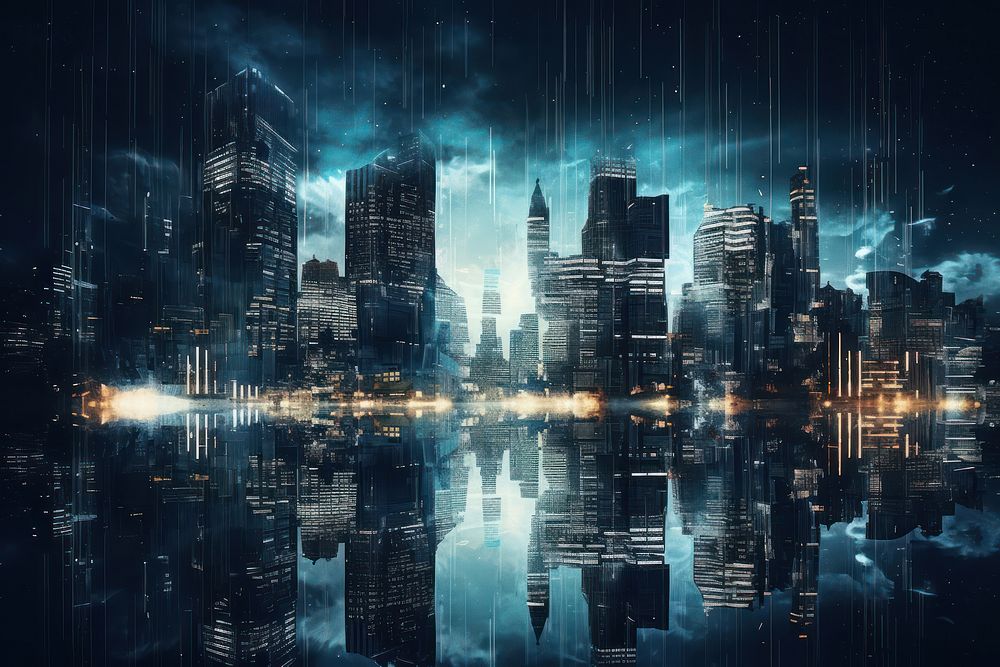 Night digital city architecture metropolis cityscape. AI generated Image by rawpixel.
