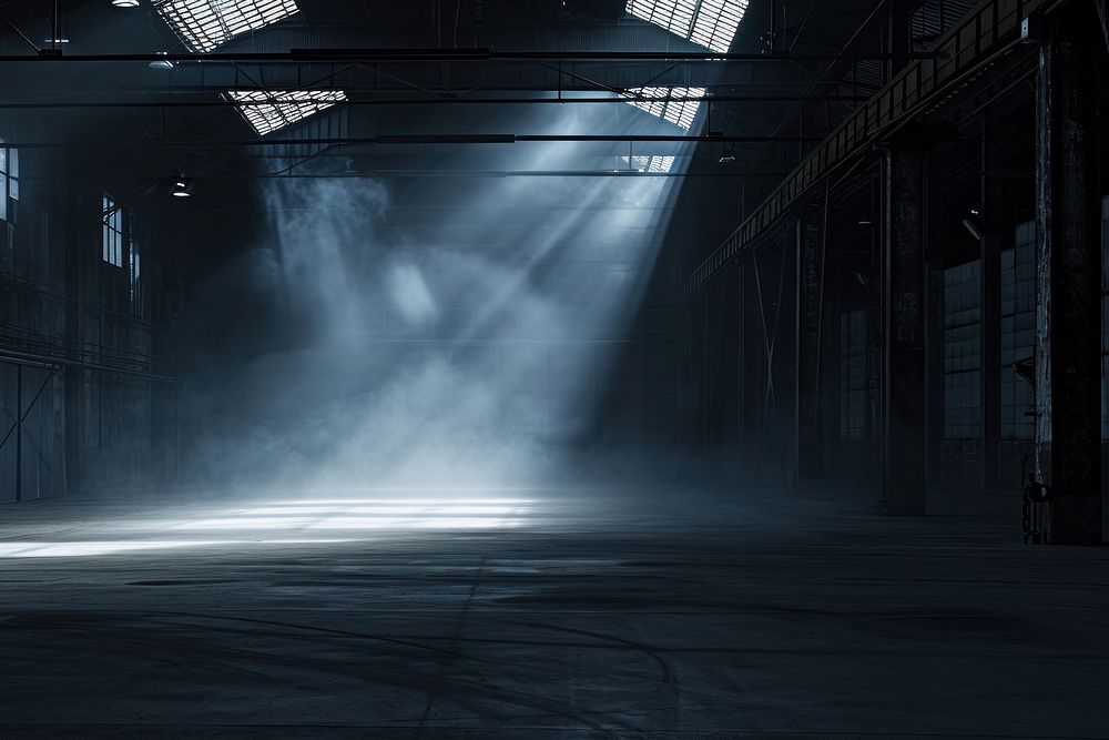 Black factory with spotlight and fog in nighttime architecture warehouse building.