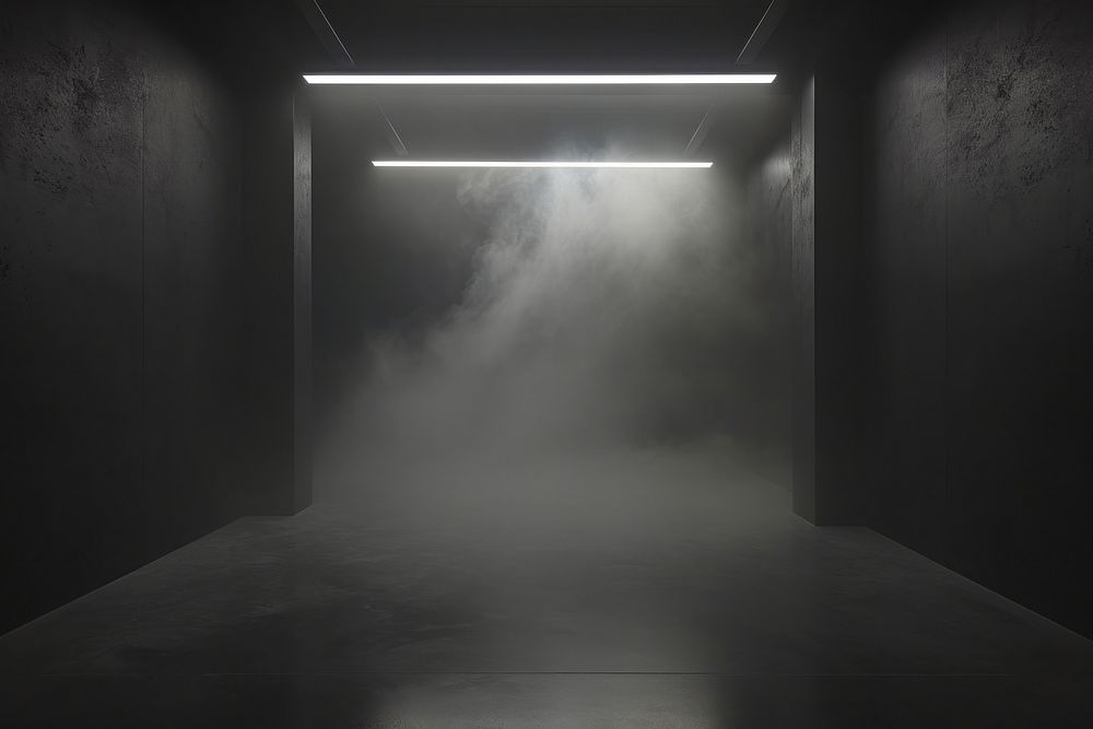 Black studio with fog lighting architecture illuminated.