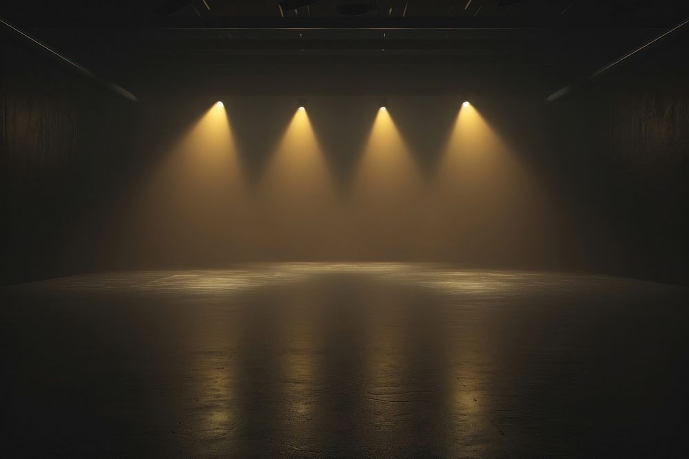 Black studio with minimal fog yellow spotlights lighting stage architecture.