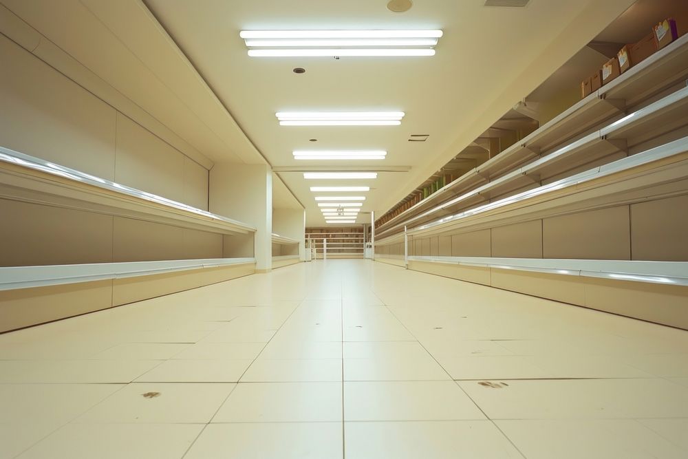 Clean and clear supermarket floor architecture corridor.