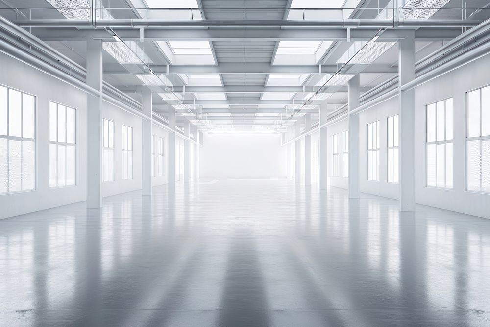 Clear and clean white concreate warehouse floor architecture illuminated.