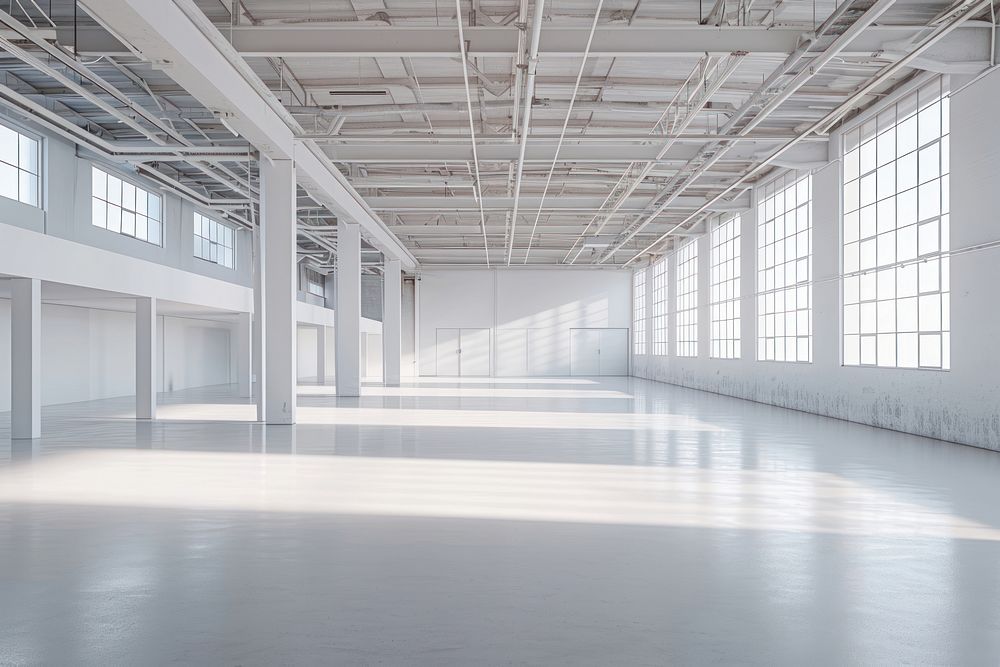Clear and clean white concreate warehouse flooring headquarters architecture.