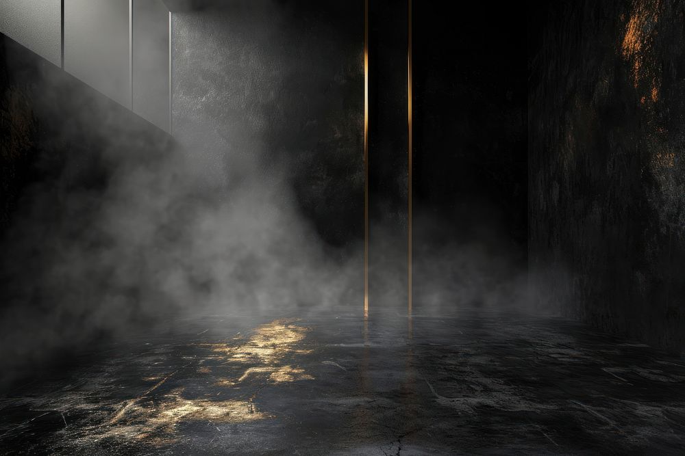 Dark black gold room with minimal fog smoke architecture illuminated.