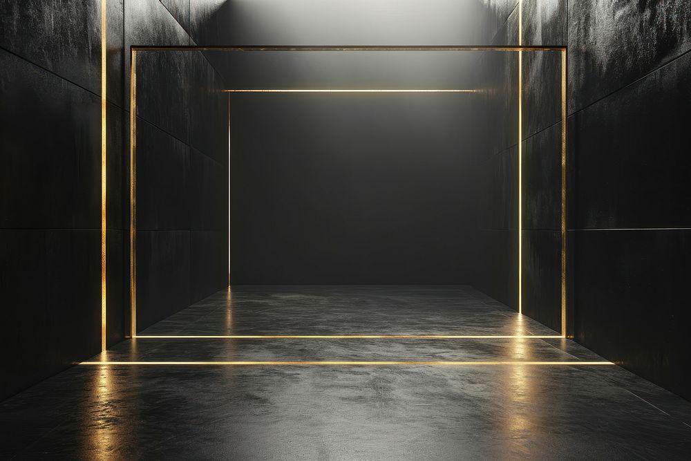 Dark black gold room with minimal fog lighting architecture illuminated.