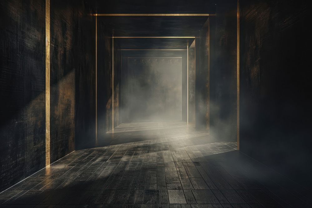 Dark black gold room with minimal fog architecture building corridor.