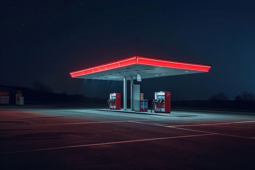 Minimal gas station in nighttime architecture illuminated petroleum.