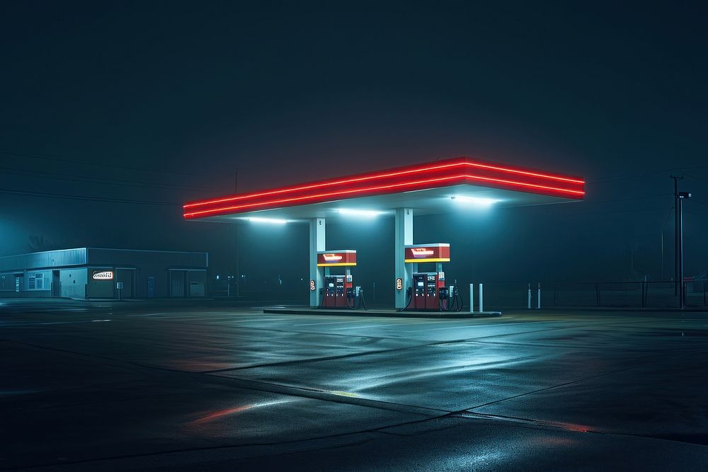 Minimal gas station in nighttime architecture illuminated petroleum.