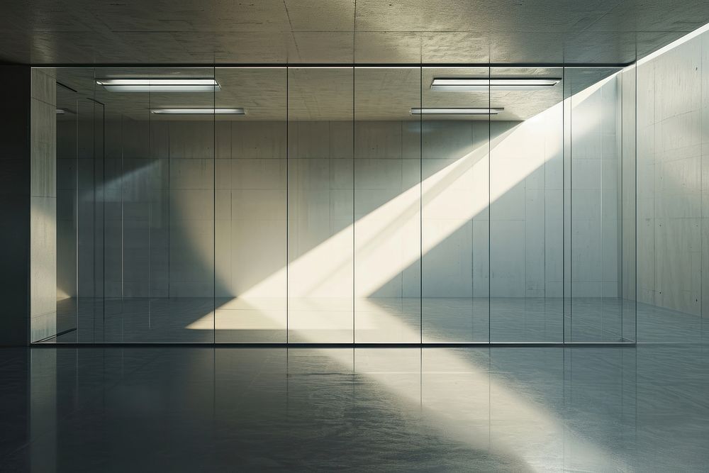 Minimal glass wall room with spotlight flooring lighting architecture.