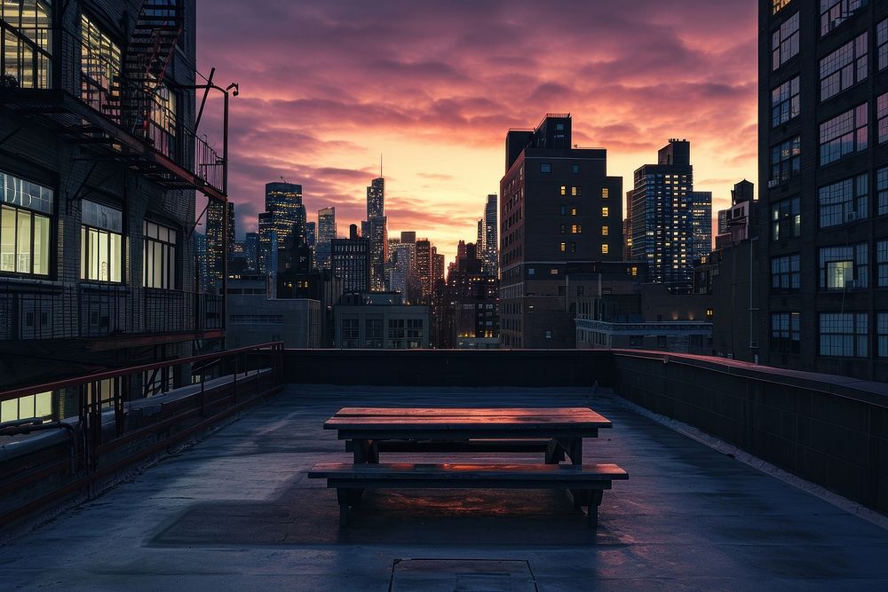 Rooftop in evening architecture cityscape outdoors.