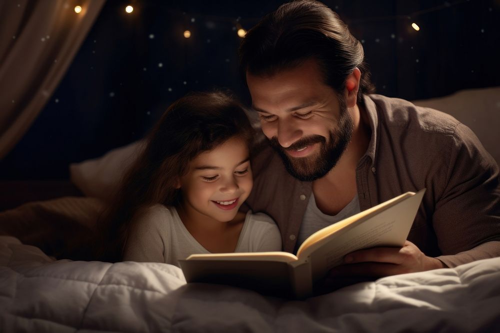 Father and daughter reading book at night on a bed publication furniture adult.