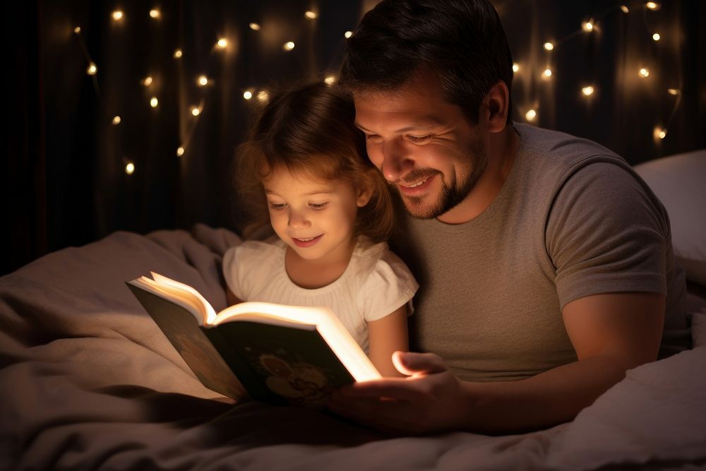 Father and daughter reading book at night on a bed publication photography portrait.