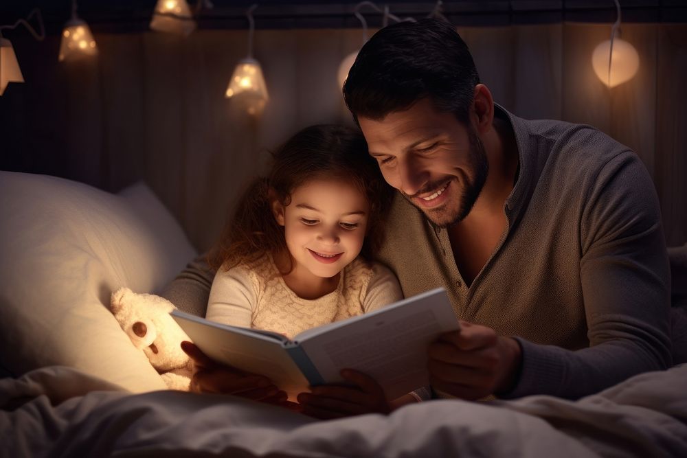 Father and daughter reading book at night on a bed publication adult child.