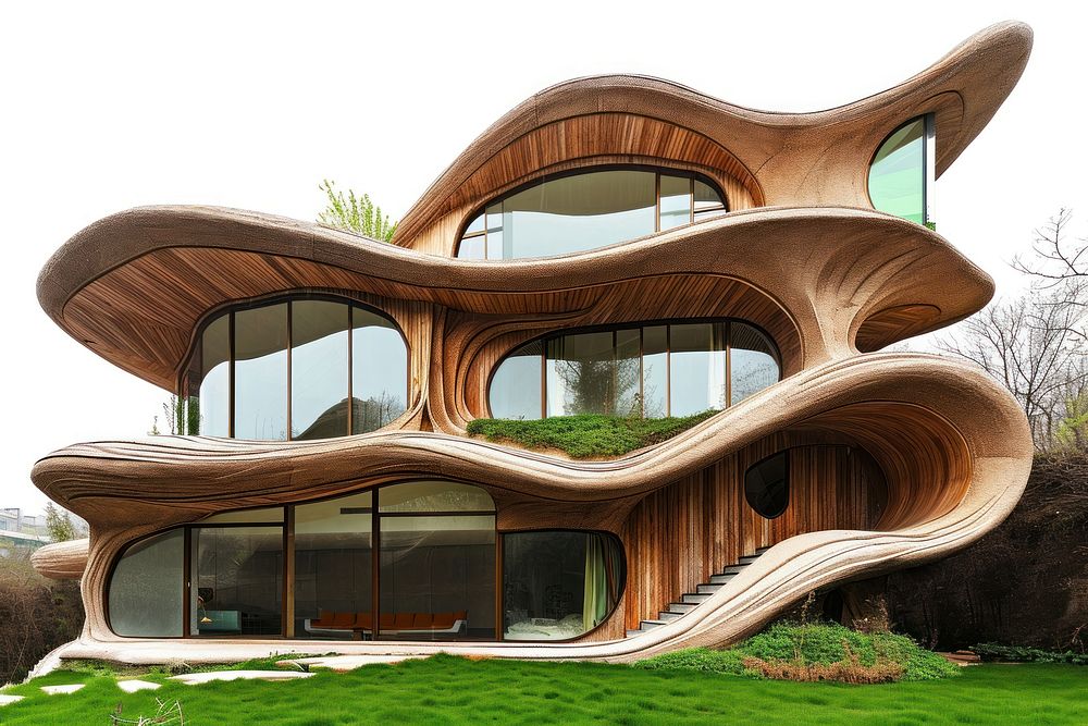 Organic architecture with wood building outdoors house.