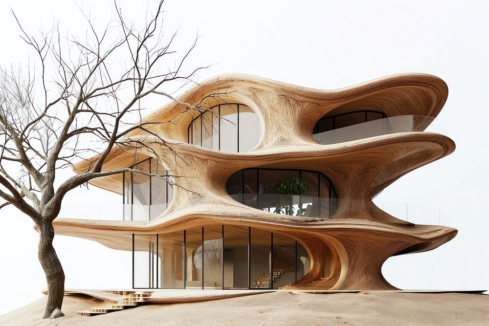 Organic architecture with wood building outdoors plant.