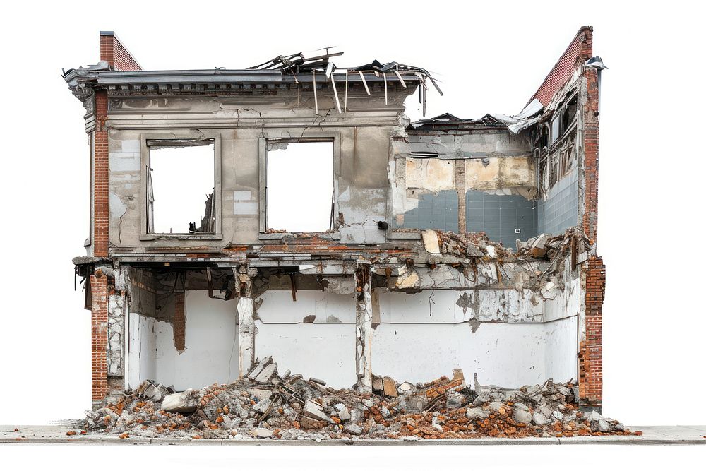 Destroyed building architecture white background deterioration.