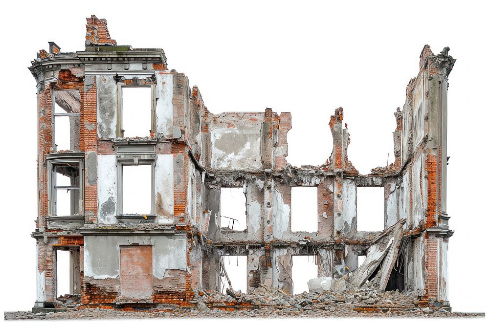Destroyed building architecture white background deterioration.