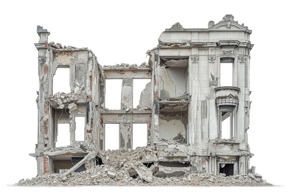 Destroyed building architecture ruins white background.