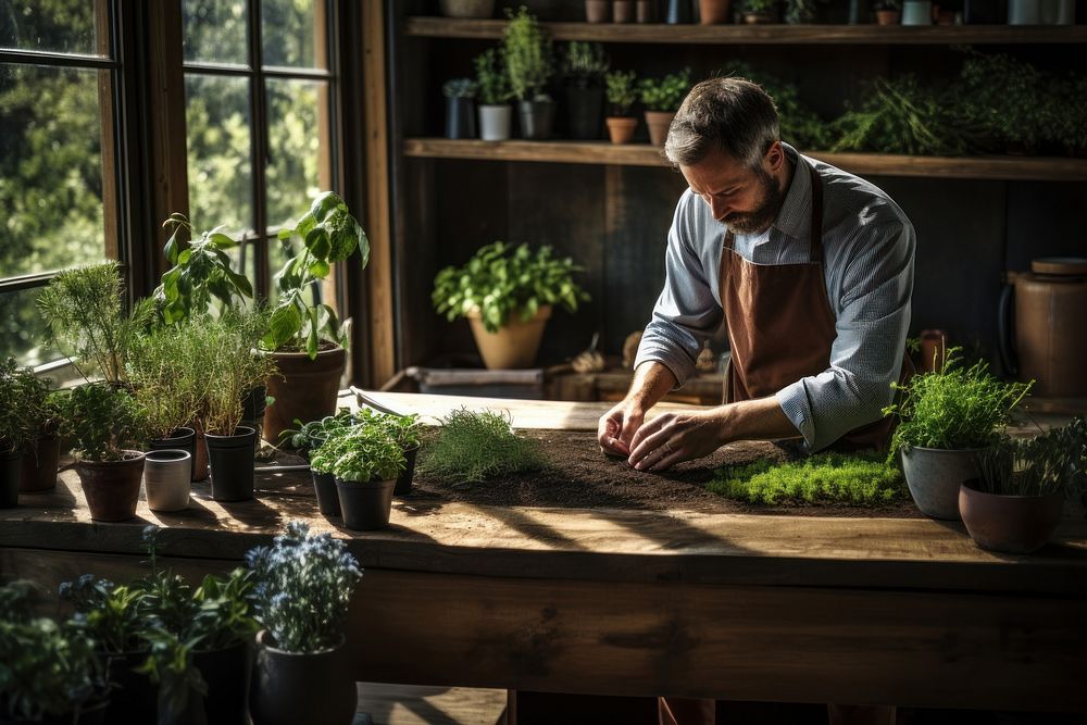 Gardener tends to plants on a wooden table gardening nature adult.