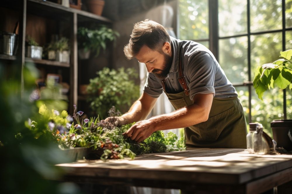 Gardener tends to plants on a wooden table gardening nature adult.