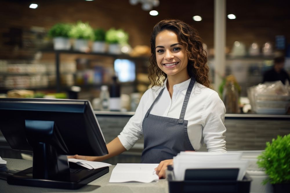 Happy Hispanic woman paying at cashier with credit card for shopping bags entrepreneur electronics technology.