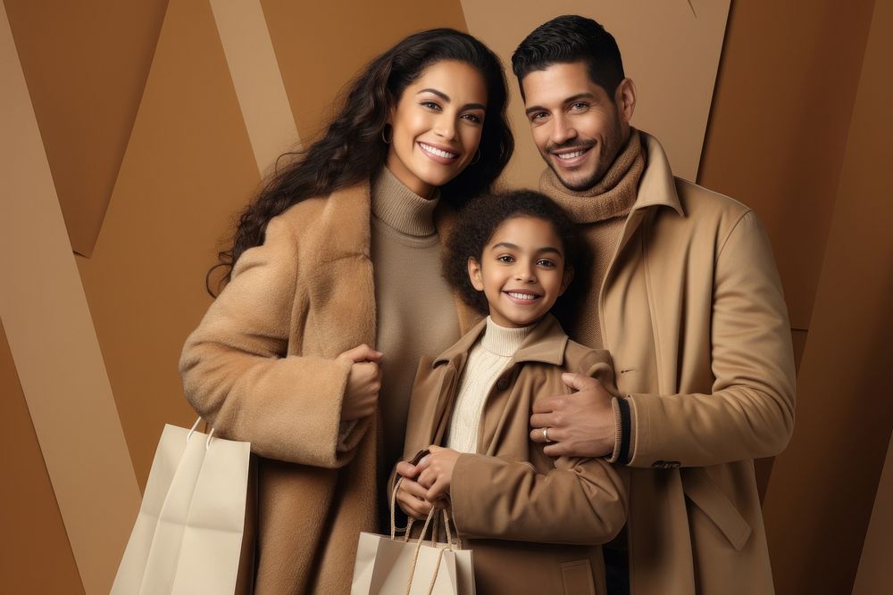 Happy Hispanic family holding a shopping bags adult coat men.