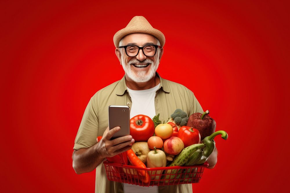 Happy Latin senior man holding a shopping basket photography portrait apple.