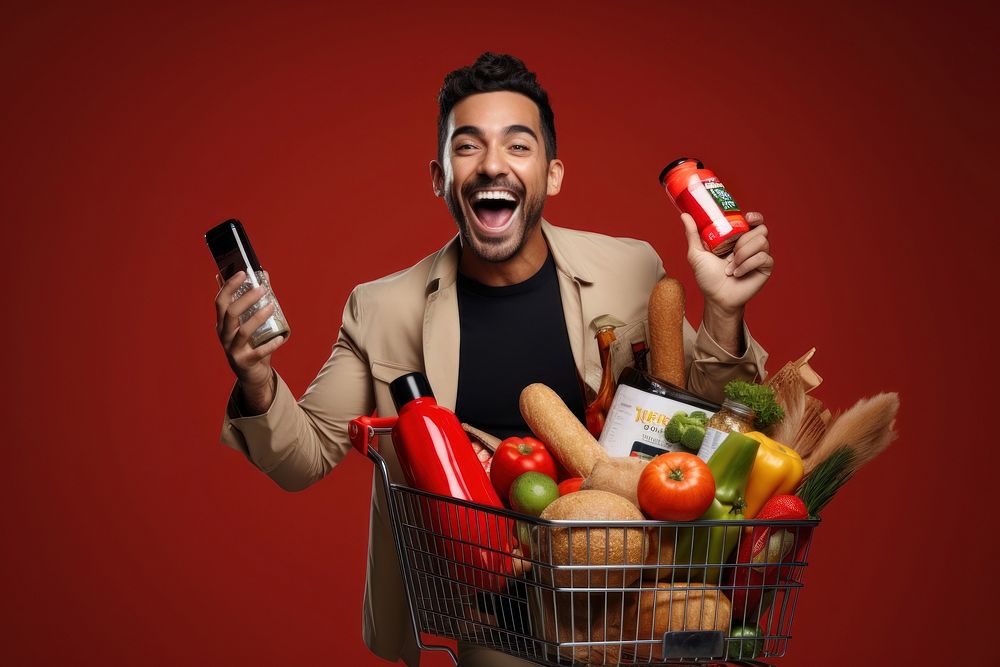 Happy Mexican man holding a shopping basket full of products while he uses a mobile app photography laughing adult.