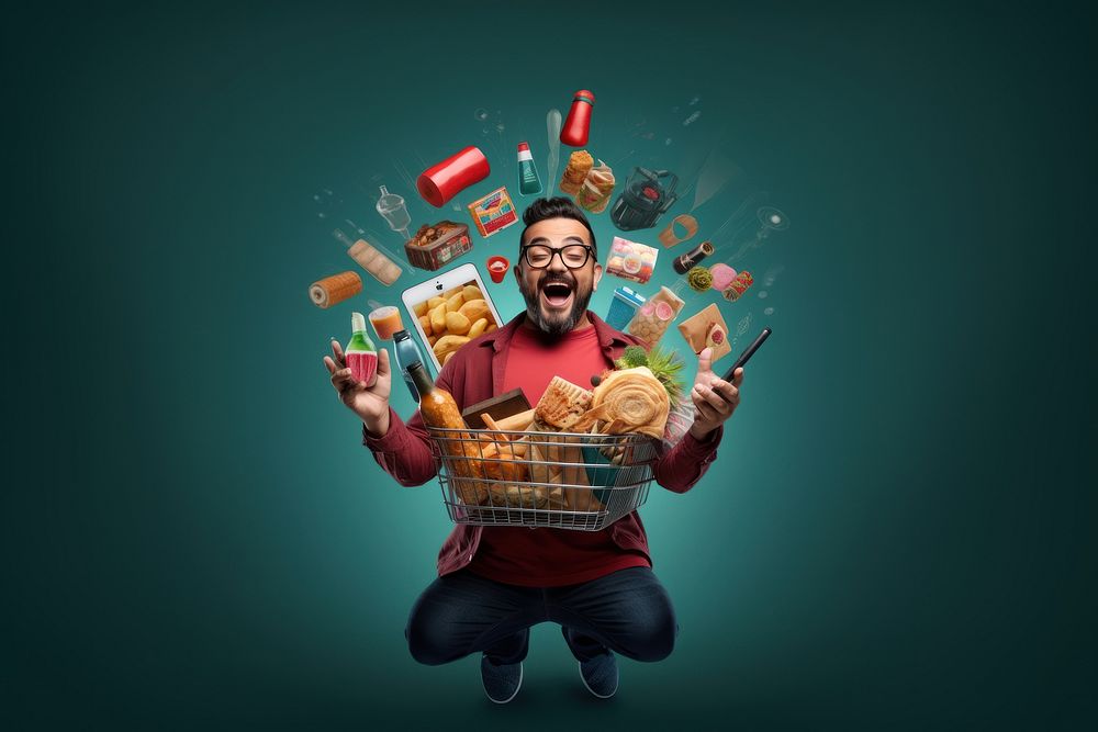 Happy Mexican man holding a shopping basket full of products while he uses a mobile app photography portrait adult.