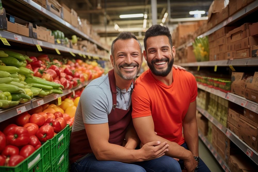 Happy Mexican gay couple buyer in supermarket shopping adult men.