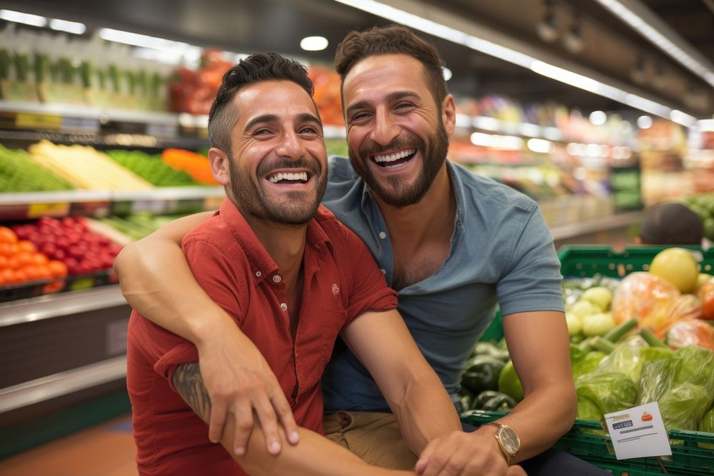 Happy Mexican gay couple buyer in supermarket shopping adult men.