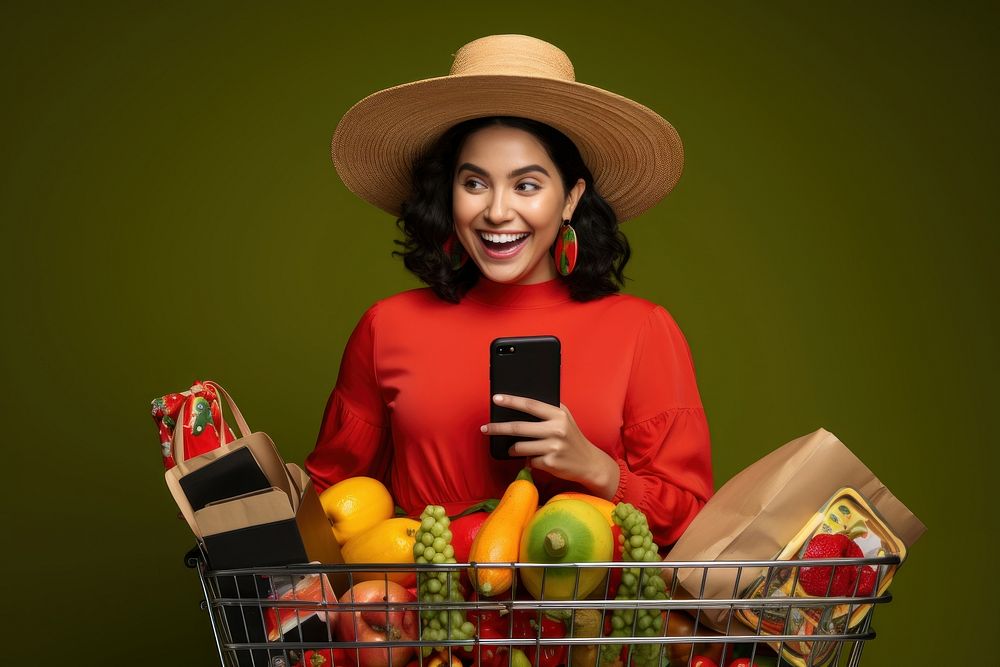Happy Mexican woman holding a shopping basket photography portrait fruit.