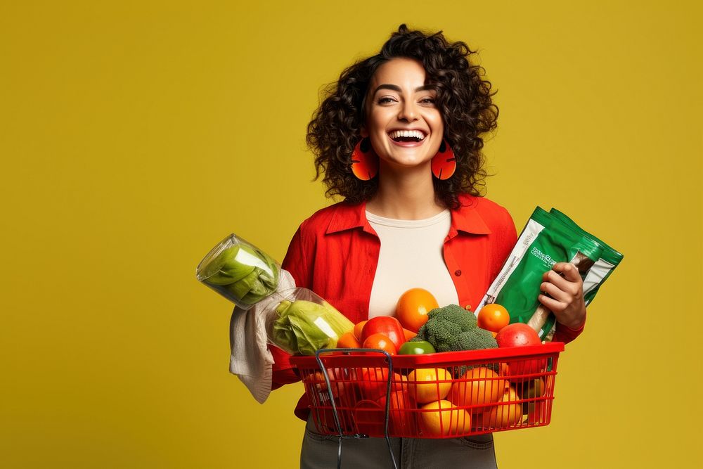 Happy Mexican woman holding a shopping basket laughing smile adult.