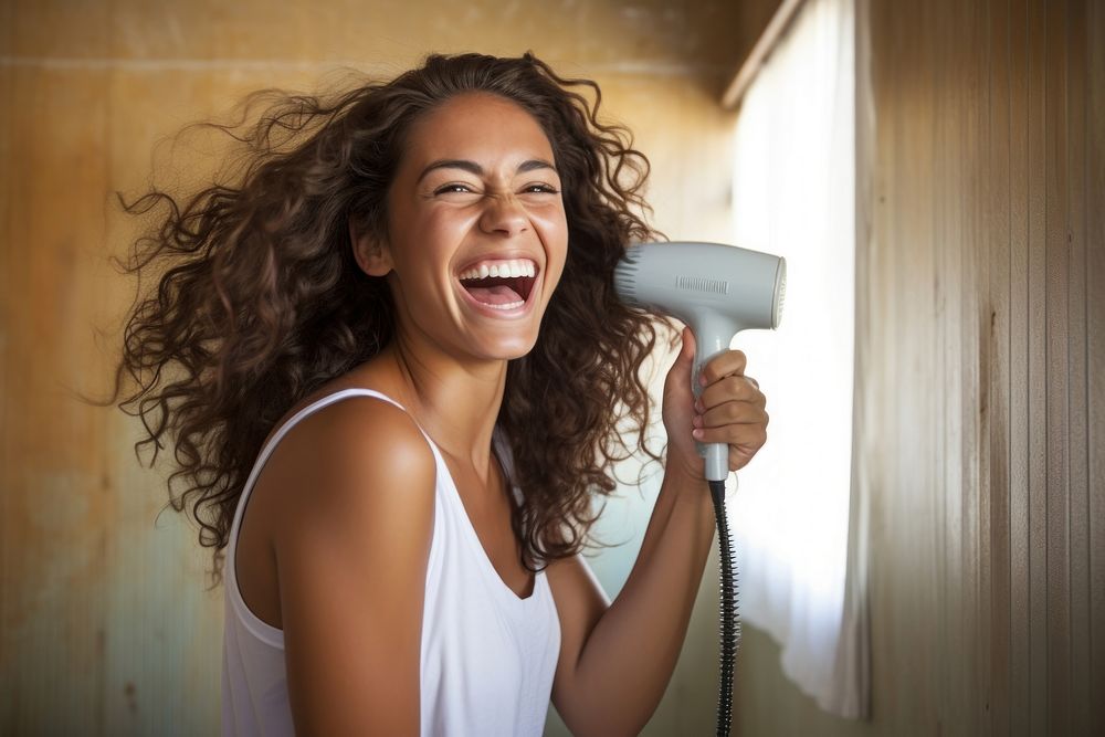 South Asian Woman shouting bathroom smiling. AI generated Image by rawpixel.
