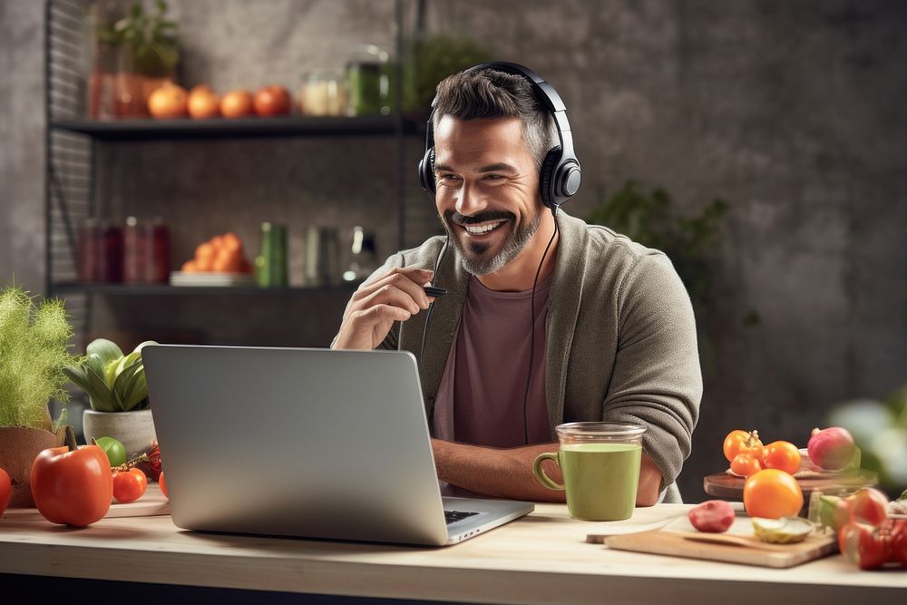 Hispanic man in shopping online theme headphones computer laptop.