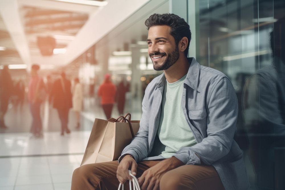 Hispanic man in shopping online theme sitting smile adult.