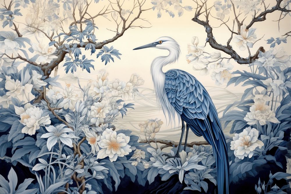 Heron in blue and warm white art painting animal.