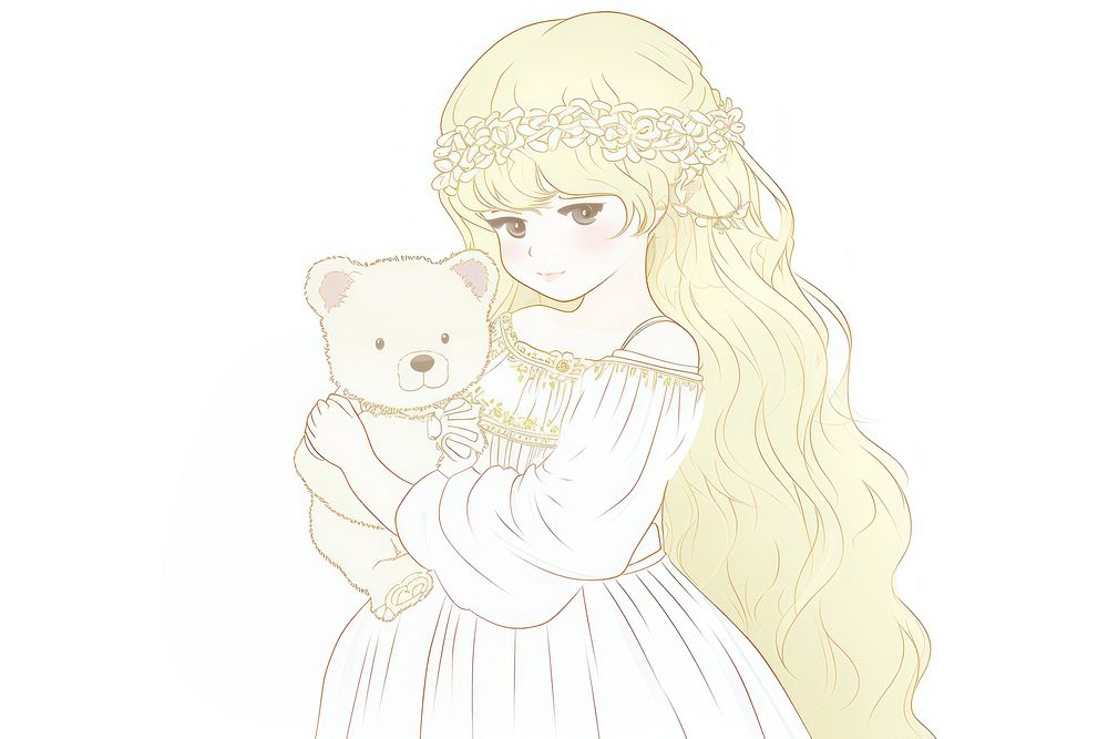 A baby girl hugging teddy bear Alphonse Mucha style drawing sketch representation.