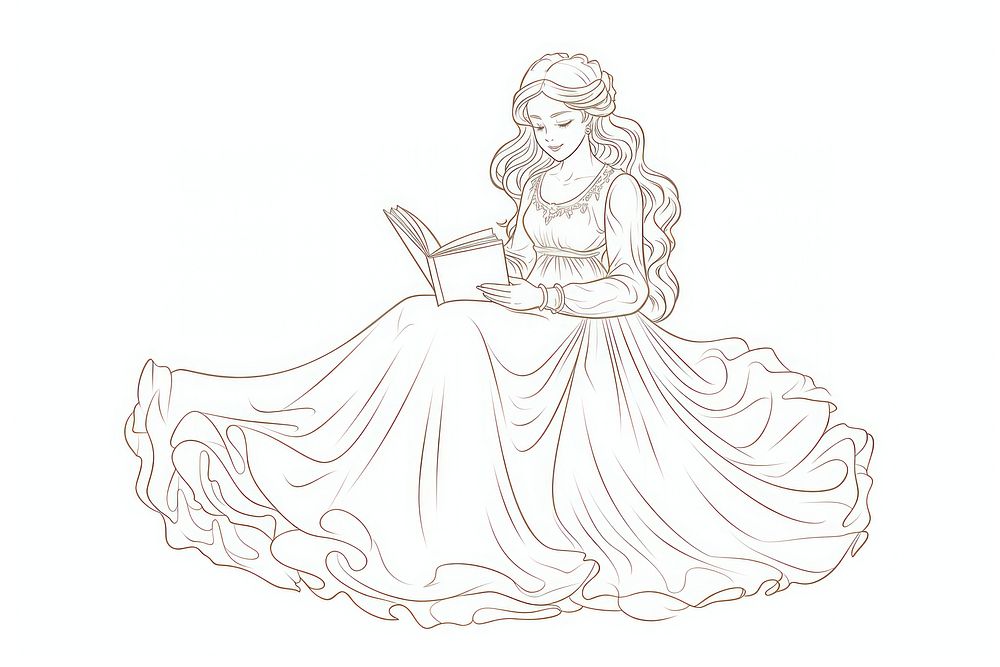 A girl reading a book in the style of Alphonse Mucha drawing sketch adult.
