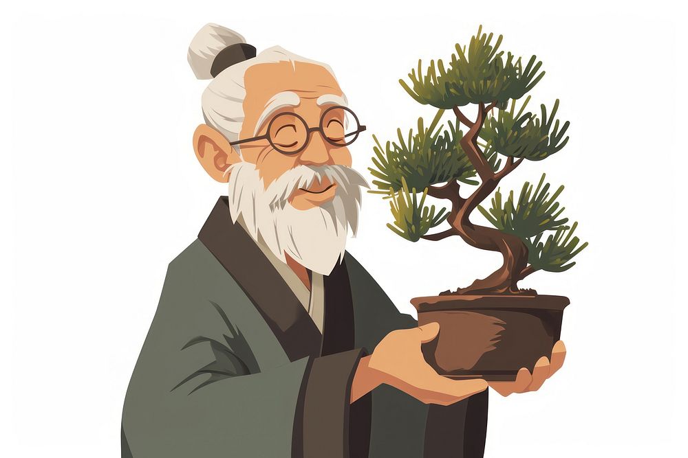 A happy Japanese senior man holding pine bonzai pot glasses bonsai adult. AI generated Image by rawpixel.