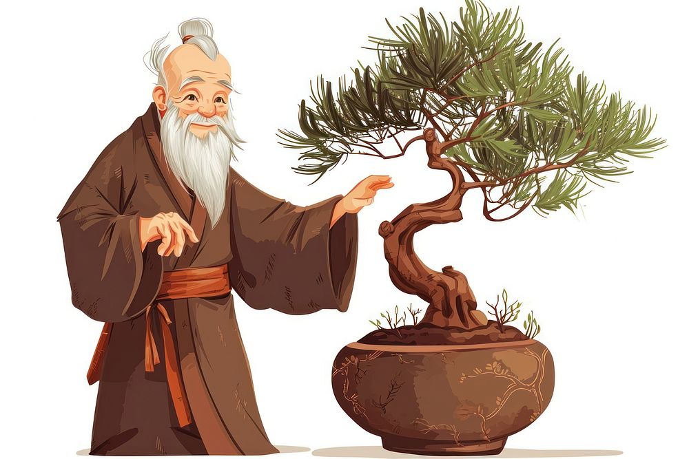 A happy Japanese senior man holding pine bonzai pot bonsai adult plant. AI generated Image by rawpixel.