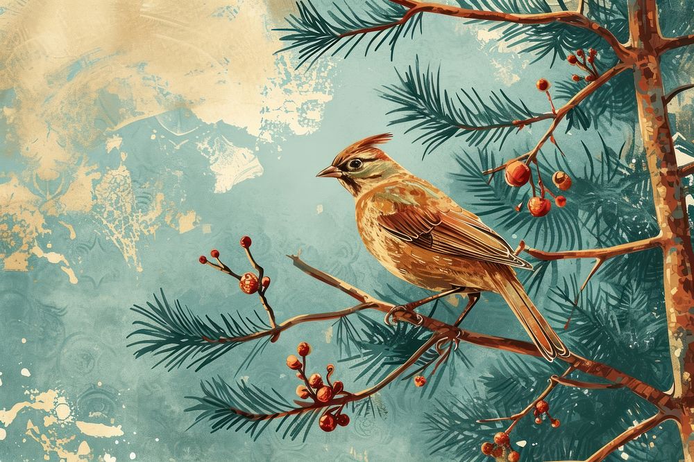 A pine with bird sparrow animal plant. AI generated Image by rawpixel.