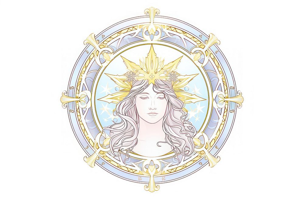 Astrology Alphonse Mucha style representation spirituality accessories.