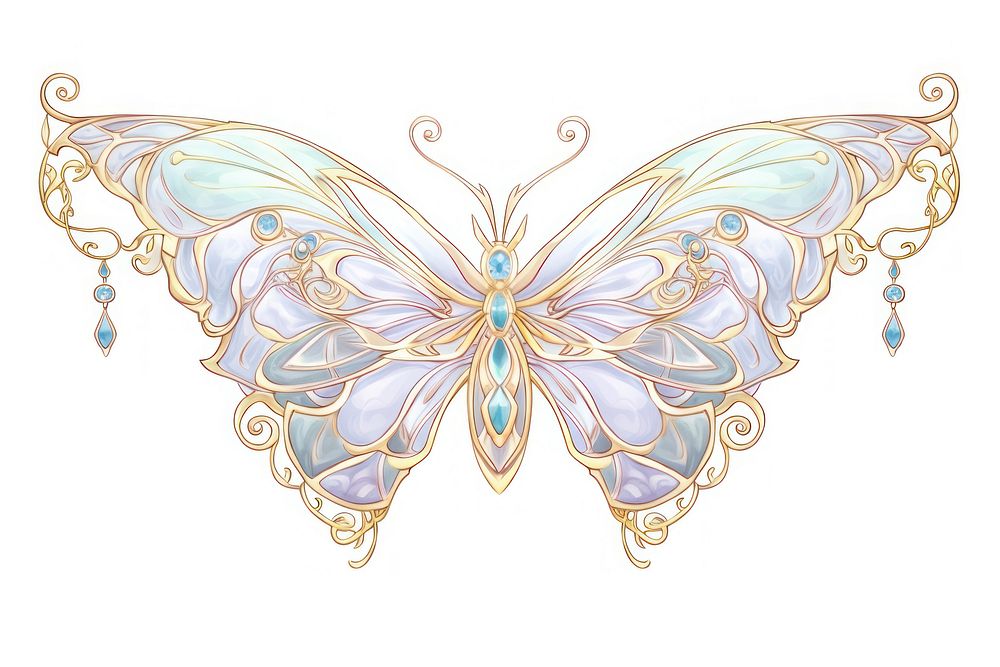 Butterfly Alphonse Mucha style jewelry pattern white background.