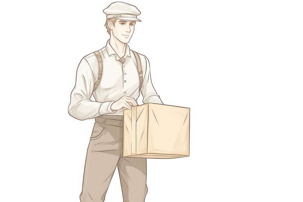 Deliveryman with parcel box Alphonse Mucha style cardboard adult white background.