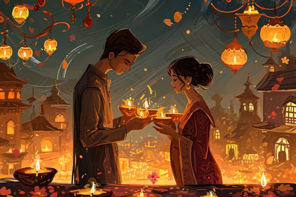 Diwali diwali adult togetherness. AI generated Image by rawpixel.