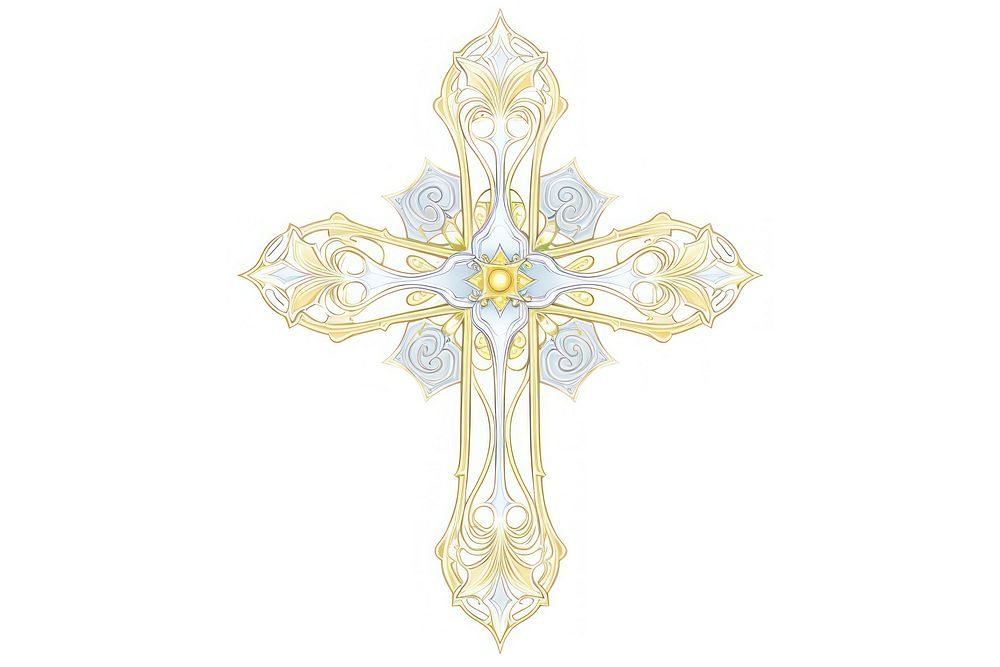 Jesus cross Alphonse Mucha style crucifix symbol white background.