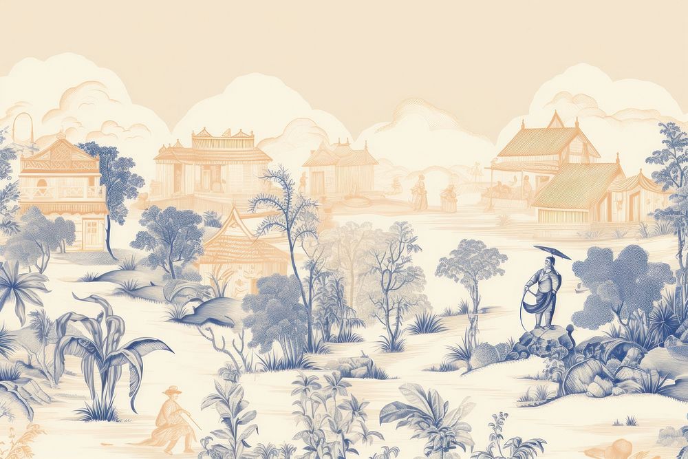 Oriental toile art style with pale various color rural road drawing sketch architecture.