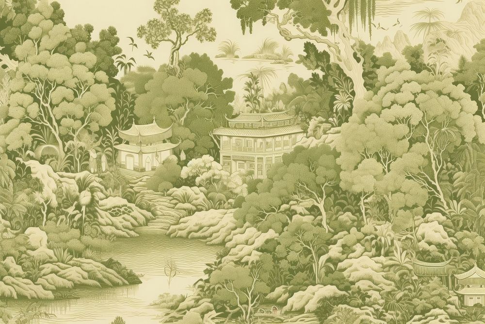 Oriental toile art style with forest in green and beige color outdoors drawing sketch.